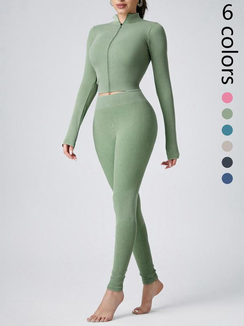 Women’s Zip-Up Mock Neck Crop Jacket & High-Waist Ribbed Leggings Set