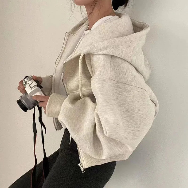 Autumn Winter Hooded Hoodies Women Casual Streetwear Zip up Sweatshirts Long Sleeve Jackets Harajuku Y2K Crop Tops Hood Shirt