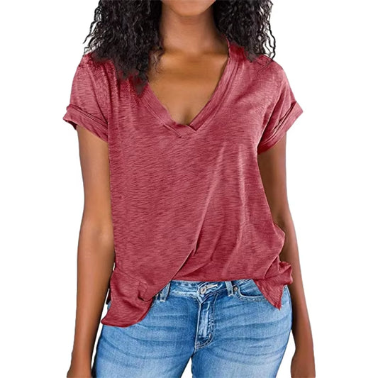 Women's Spring/Summer V-Neck Short Sleeve T-Shirt - Solid Color & Spliced Design Loose Fit Top for Casual Wear