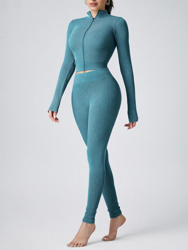 Women’s Zip-Up Mock Neck Crop Jacket & High-Waist Ribbed Leggings Set
