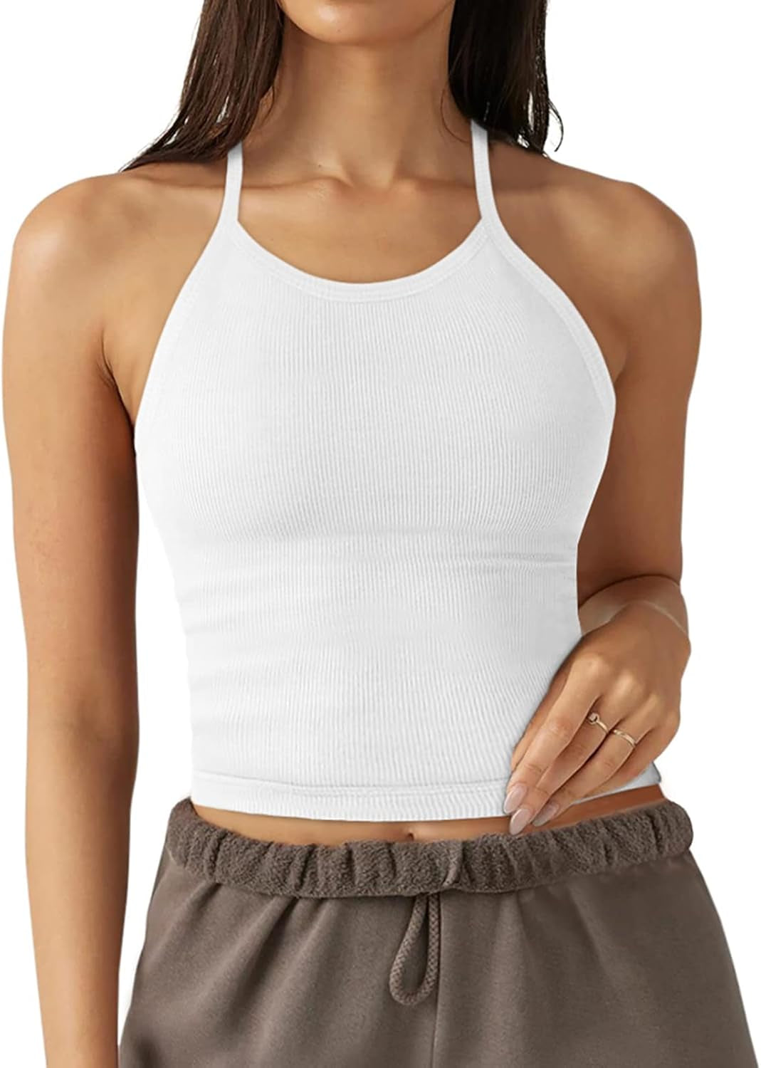 Womens Sports Bra Seamless Long Crop Tank Racer Back Spaghetti Strap Workout Yoga Padded Bra Halter Neck Casual Tops