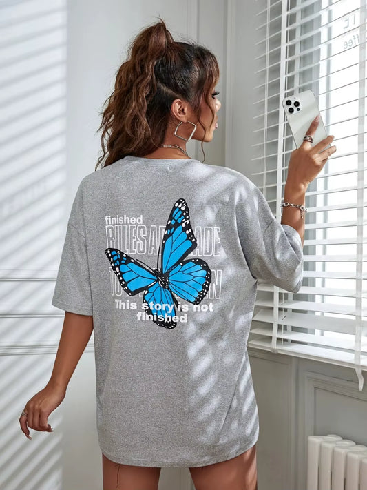 Women's Casual Cotton Short Sleeve T-Shirt - Art Word & Blue Butterfly Print | Breathable Summer Streetwear Top for Everyday Comfort