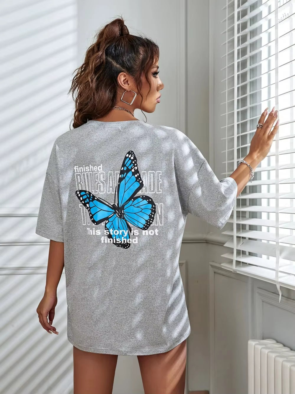 Women's Casual Cotton Short Sleeve T-Shirt - Art Word & Blue Butterfly Print | Breathable Summer Streetwear Top for Everyday Comfort