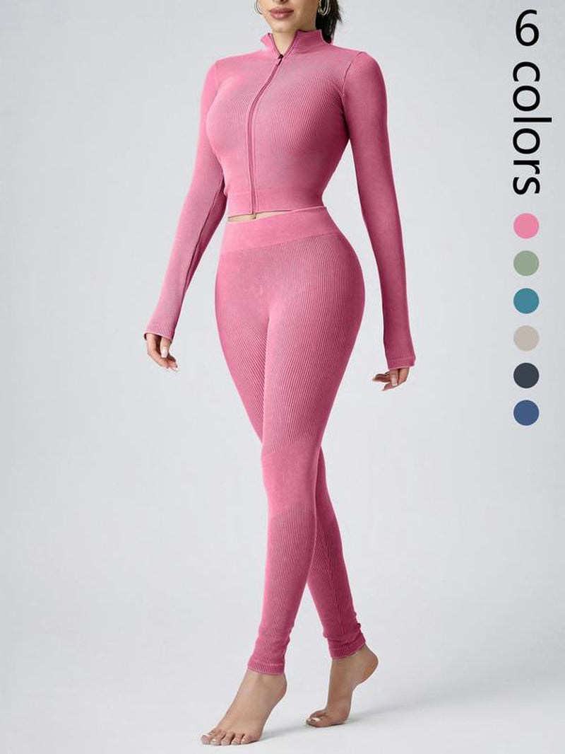 Women’s Zip-Up Mock Neck Crop Jacket & High-Waist Ribbed Leggings Set
