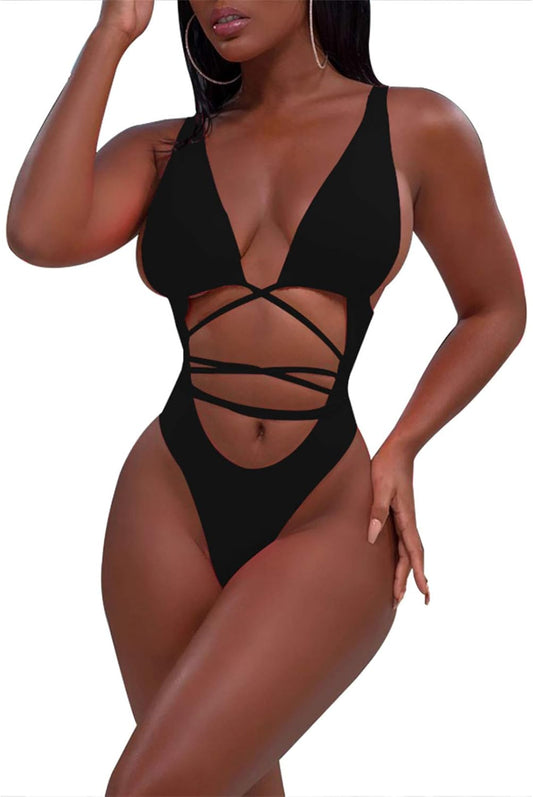 Noir Cutout Monokini – High-Waist Criss-Cross Swimsuit