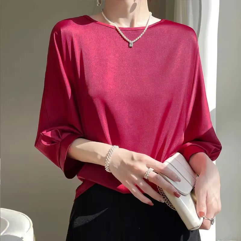 Women's Satin Silk Half-Sleeve T-Shirt - Basic Solid Color O-Neck Casual Top | Thin & Loose Fit Blouse for Ladies