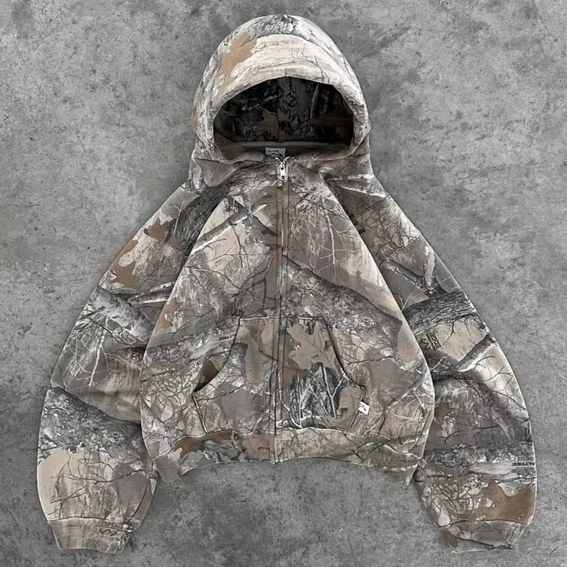 Y2K Retro Camouflage Zip-Up Hoodie for Men - Oversized Unisex Camo Sweatshirt