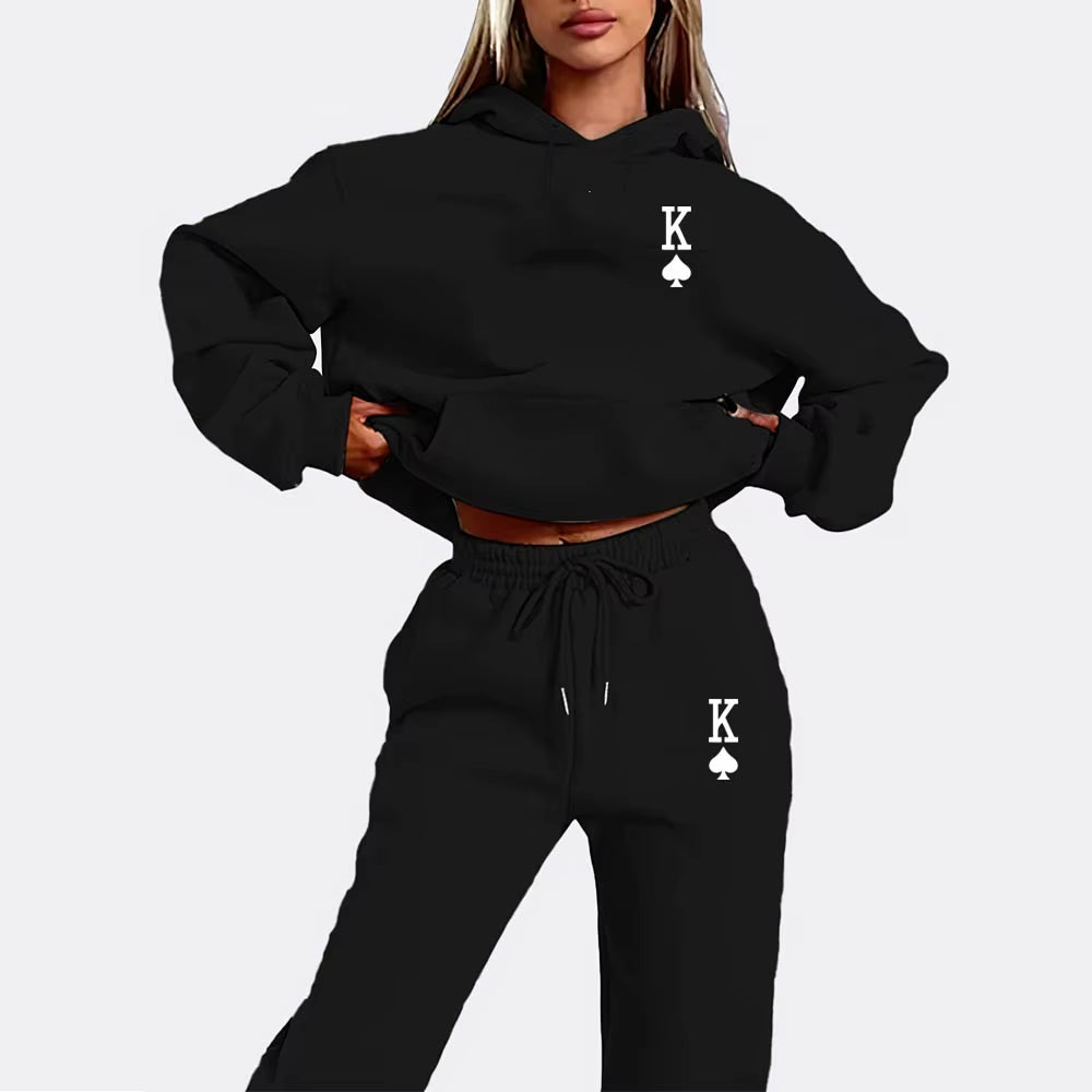 Women's 2-Piece K-Print Sports Suit - Hoodie & Sweatpants Jogging Set for Stylish Sportswear