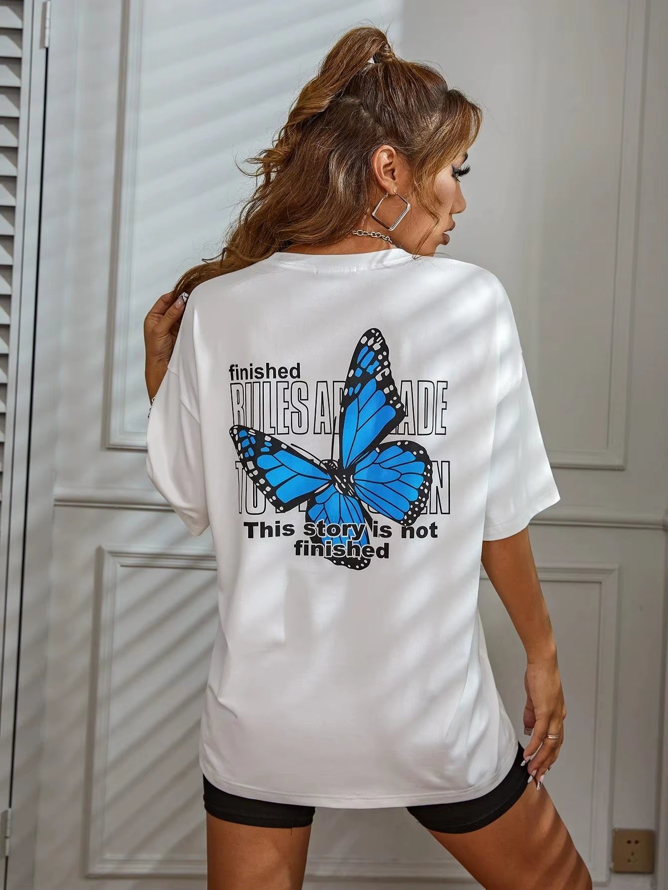 Women's Casual Cotton Short Sleeve T-Shirt - Art Word & Blue Butterfly Print | Breathable Summer Streetwear Top for Everyday Comfort