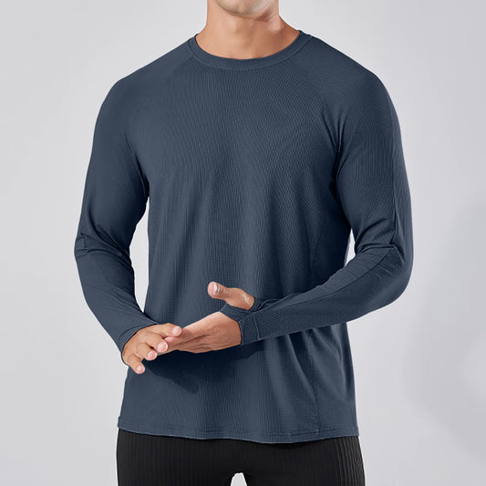 Men's Silk Long Sleeve T-Shirt - Breathable Round Neck Fitness & Outdoor Sports Shirt, Pure Color Casual Wear for Gym, Hiking, and Leisure Activities