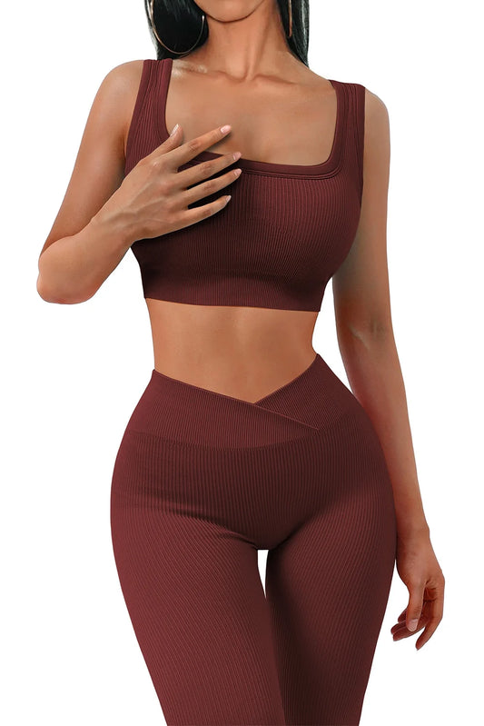 Women's 2-Piece Seamless Workout Set - High-Waisted Yoga Leggings & Crop Tank Top