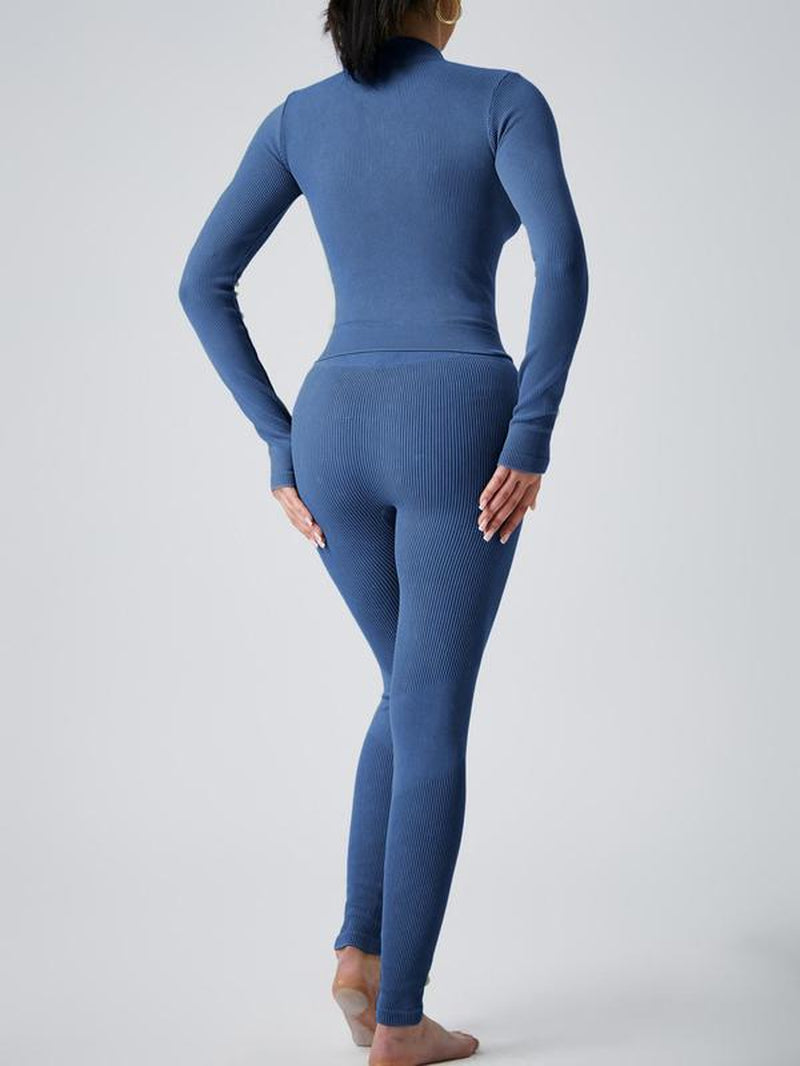 Women’s Zip-Up Mock Neck Crop Jacket & High-Waist Ribbed Leggings Set