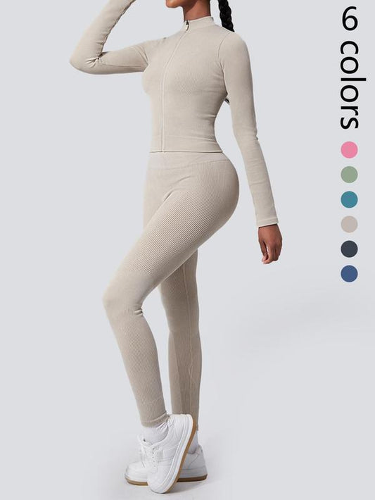 Women’s Zip-Up Mock Neck Crop Jacket & High-Waist Ribbed Leggings Set