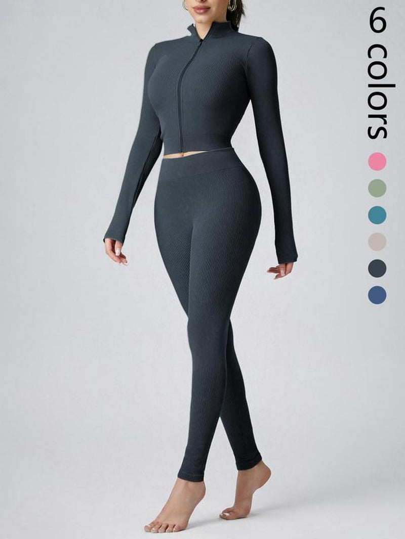 Women’s Zip-Up Mock Neck Crop Jacket & High-Waist Ribbed Leggings Set