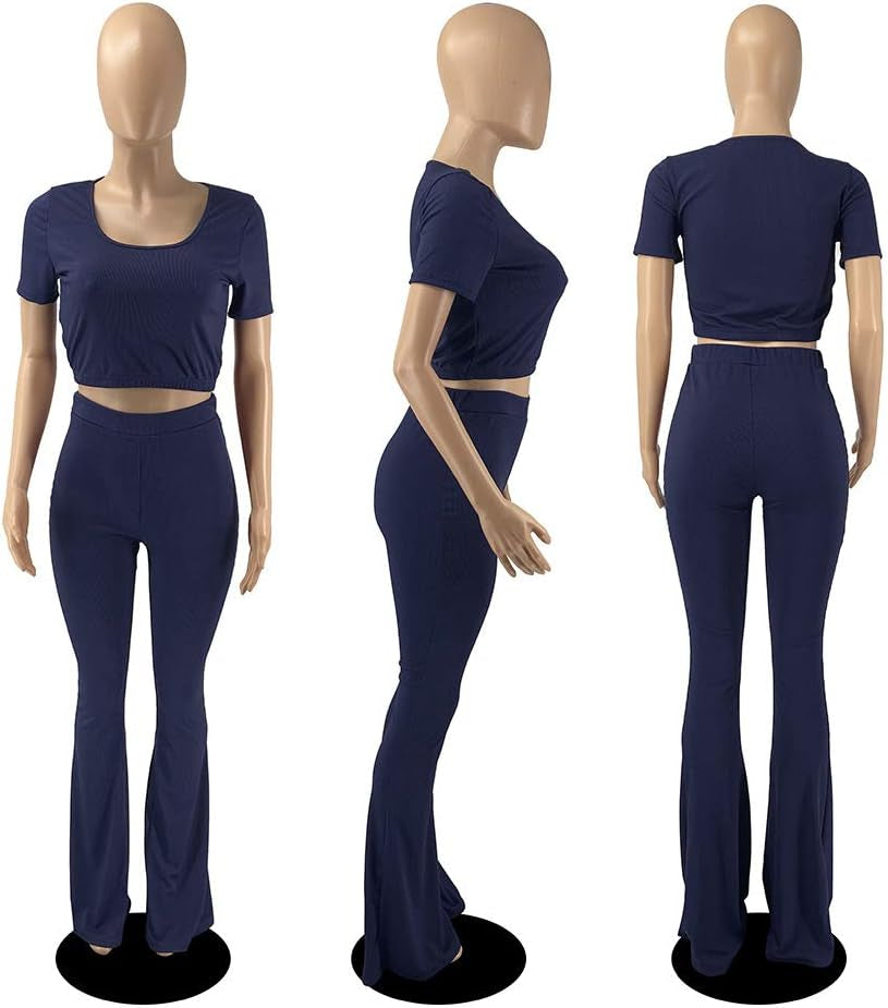 Women's 2-Piece Workout Sets - Sexy Crop Top + High Waisted Flared Long Pants