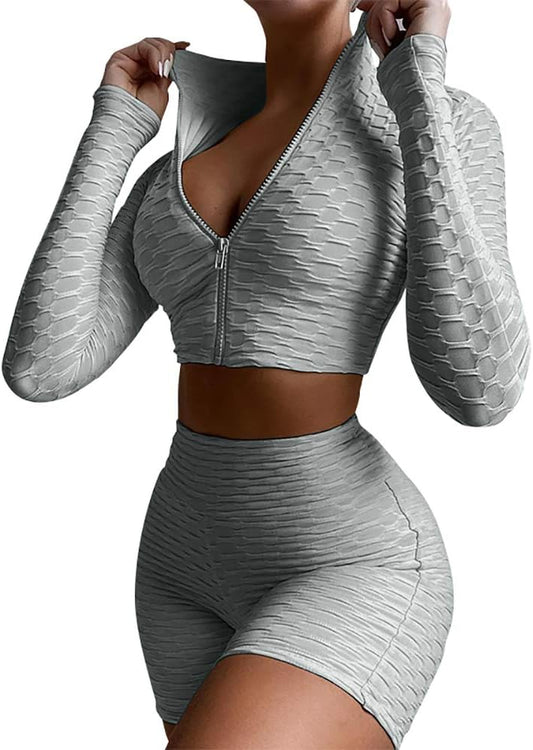 Women's 2-Piece Workout Set - Long Sleeve Crop Top + High Waist Bodycon Yoga Shorts