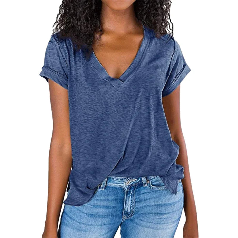Women's Spring/Summer V-Neck Short Sleeve T-Shirt - Solid Color & Spliced Design Loose Fit Top for Casual Wear