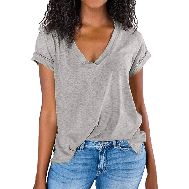 Women's Spring/Summer V-Neck Short Sleeve T-Shirt - Solid Color & Spliced Design Loose Fit Top for Casual Wear