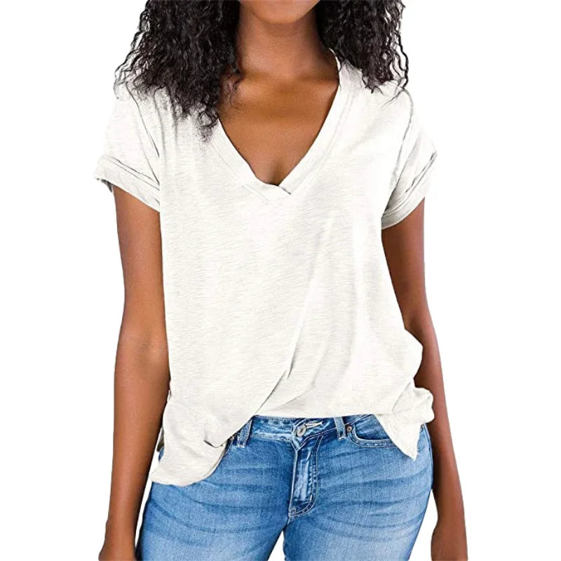 Women's Spring/Summer V-Neck Short Sleeve T-Shirt - Solid Color & Spliced Design Loose Fit Top for Casual Wear