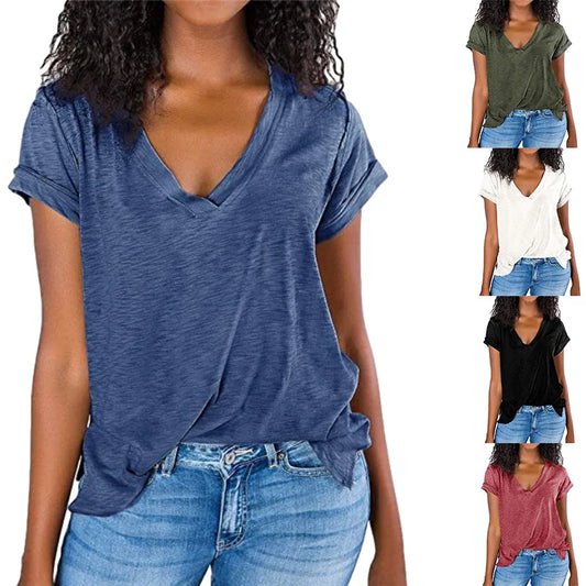 Women's Spring/Summer V-Neck Short Sleeve T-Shirt - Solid Color & Spliced Design Loose Fit Top for Casual Wear