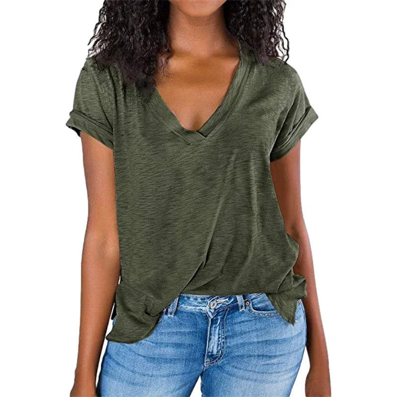 Women's Spring/Summer V-Neck Short Sleeve T-Shirt - Solid Color & Spliced Design Loose Fit Top for Casual Wear