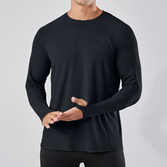Men's Silk Long Sleeve T-Shirt - Breathable Round Neck Fitness & Outdoor Sports Shirt, Pure Color Casual Wear for Gym, Hiking, and Leisure Activities