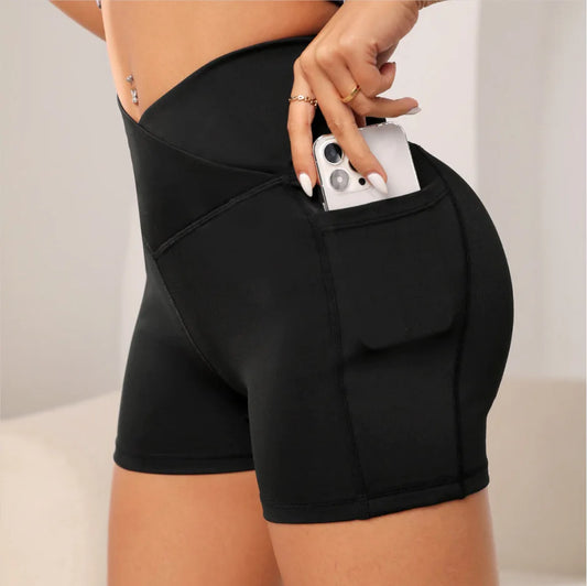 Women High Waist Yoga Sport Biker Shorts for Fitness Cross Waist Pocket