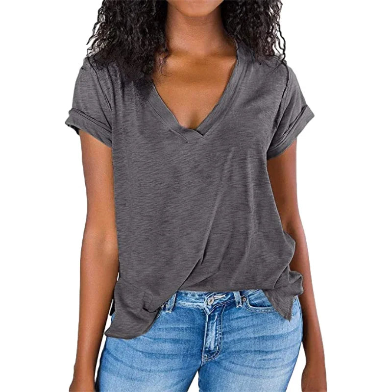 Women's Spring/Summer V-Neck Short Sleeve T-Shirt - Solid Color & Spliced Design Loose Fit Top for Casual Wear
