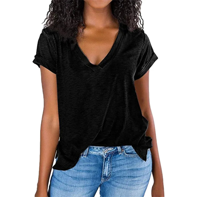 Women's Spring/Summer V-Neck Short Sleeve T-Shirt - Solid Color & Spliced Design Loose Fit Top for Casual Wear