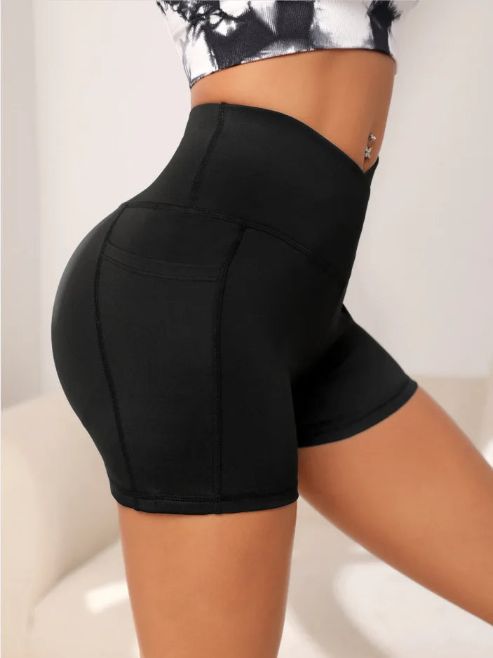 Women High Waist Yoga Sport Biker Shorts for Fitness Cross Waist Pocket