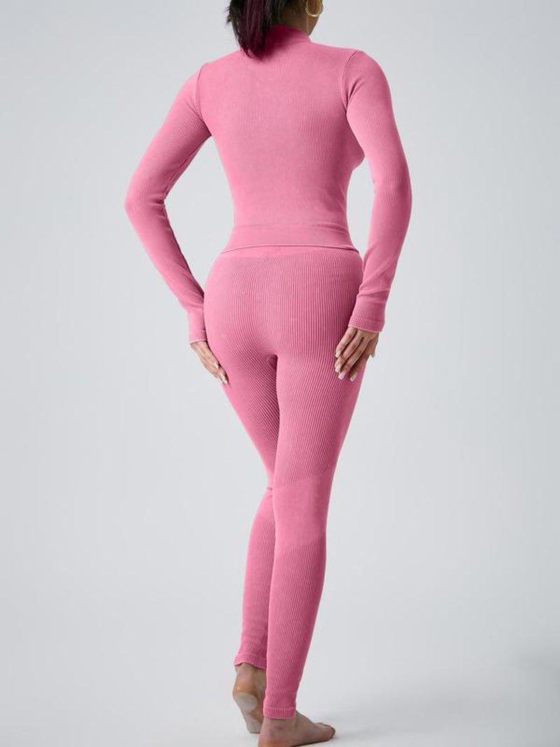 Women’s Zip-Up Mock Neck Crop Jacket & High-Waist Ribbed Leggings Set