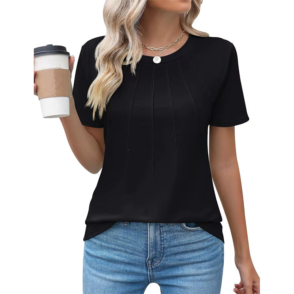 Womens Casual Crew Neck Short Sleeve Pleated Tops Blouses Fashion Clothes 2024