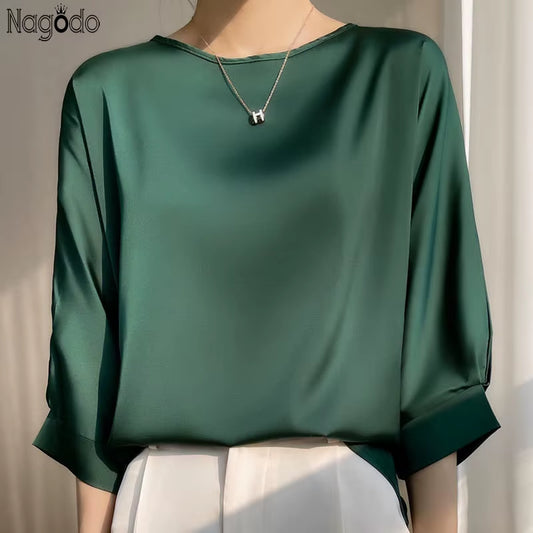 Women's Satin Silk Half-Sleeve T-Shirt - Basic Solid Color O-Neck Casual Top | Thin & Loose Fit Blouse for Ladies