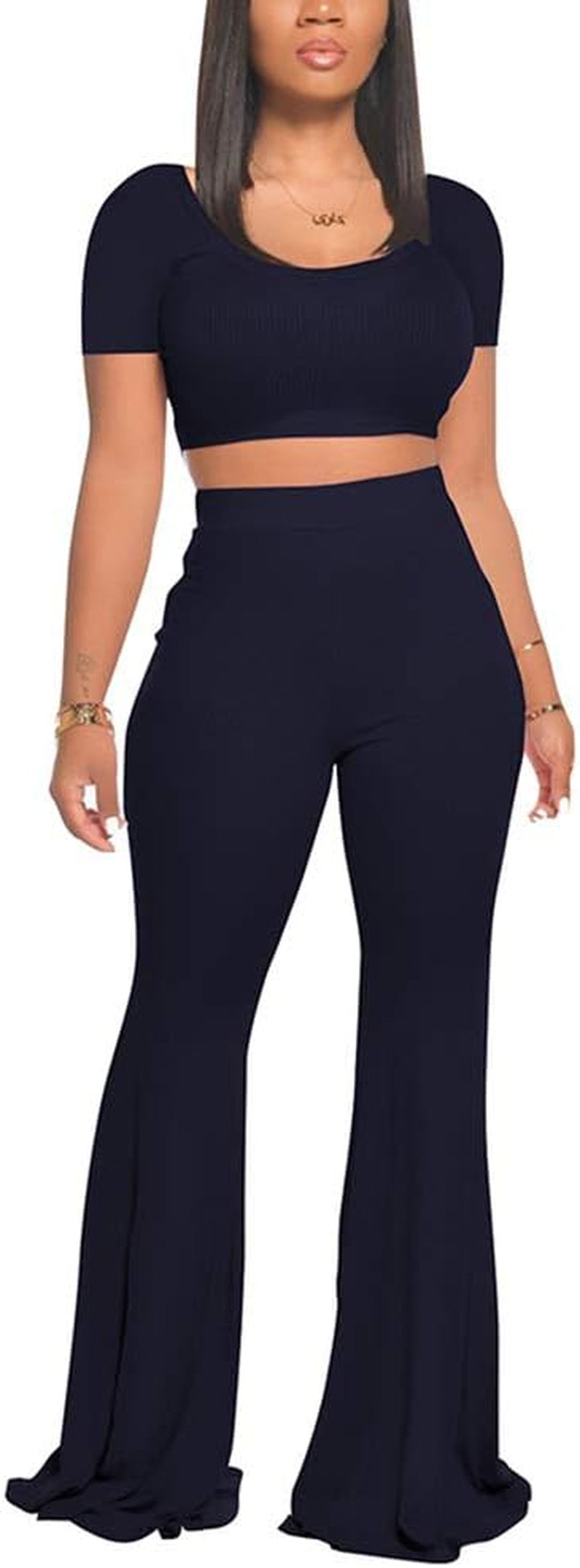 Women's 2-Piece Workout Sets - Sexy Crop Top + High Waisted Flared Long Pants