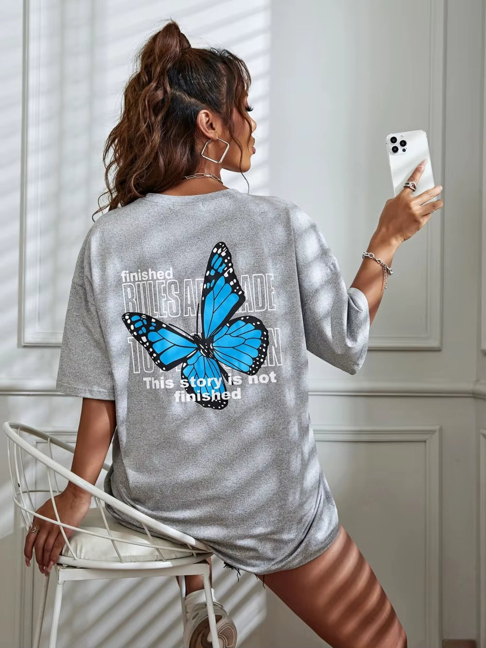 Women's Casual Cotton Short Sleeve T-Shirt - Art Word & Blue Butterfly Print | Breathable Summer Streetwear Top for Everyday Comfort