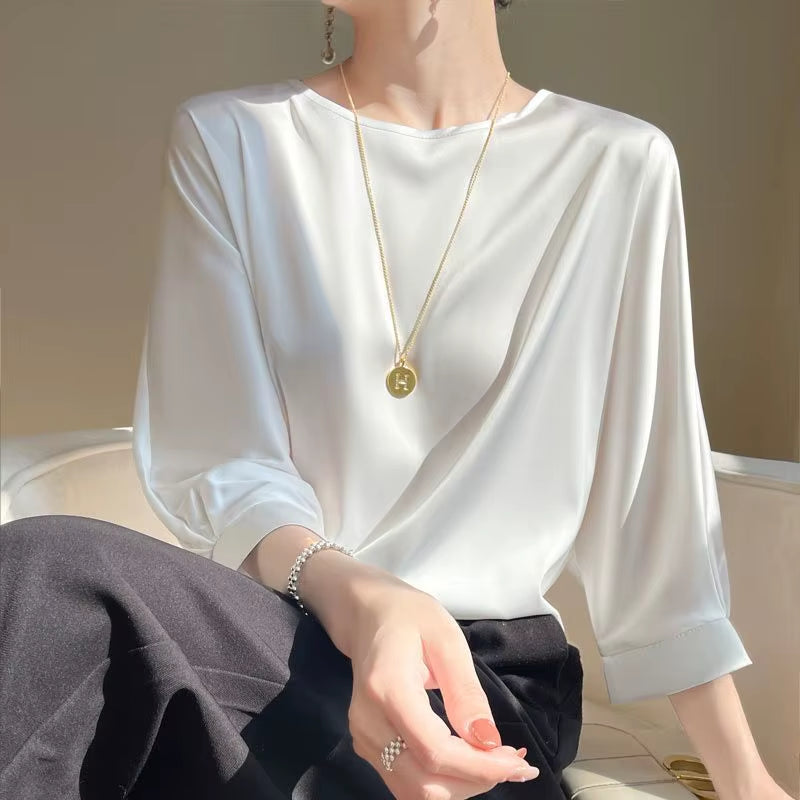 Women's Satin Silk Half-Sleeve T-Shirt - Basic Solid Color O-Neck Casual Top | Thin & Loose Fit Blouse for Ladies