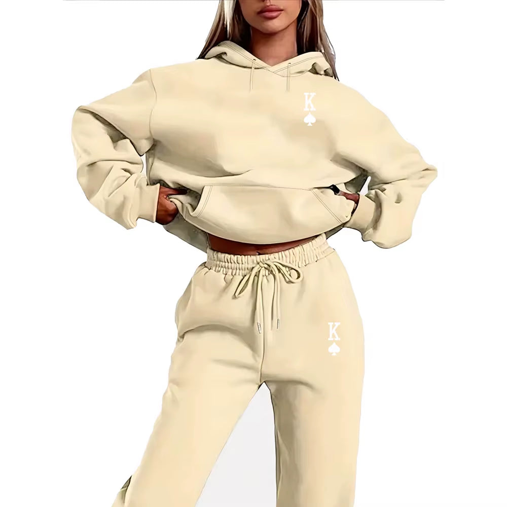 Women's 2-Piece K-Print Sports Suit - Hoodie & Sweatpants Jogging Set for Stylish Sportswear