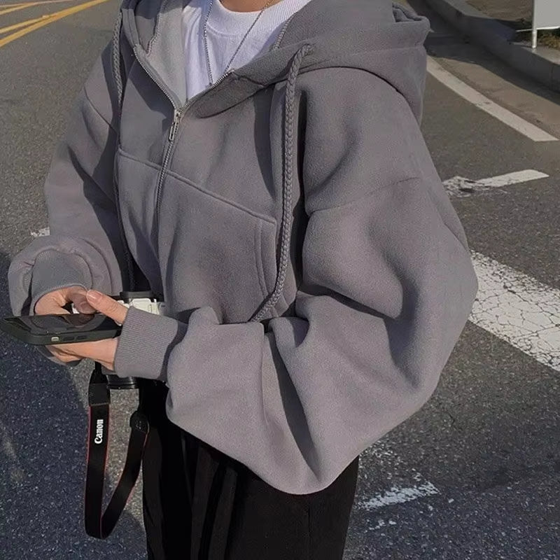Autumn Winter Hooded Hoodies Women Casual Streetwear Zip up Sweatshirts Long Sleeve Jackets Harajuku Y2K Crop Tops Hood Shirt