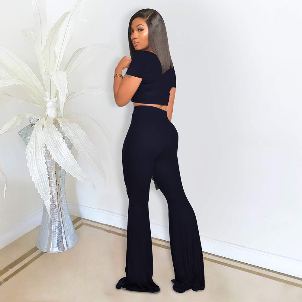 Women's 2-Piece Workout Sets - Sexy Crop Top + High Waisted Flared Long Pants