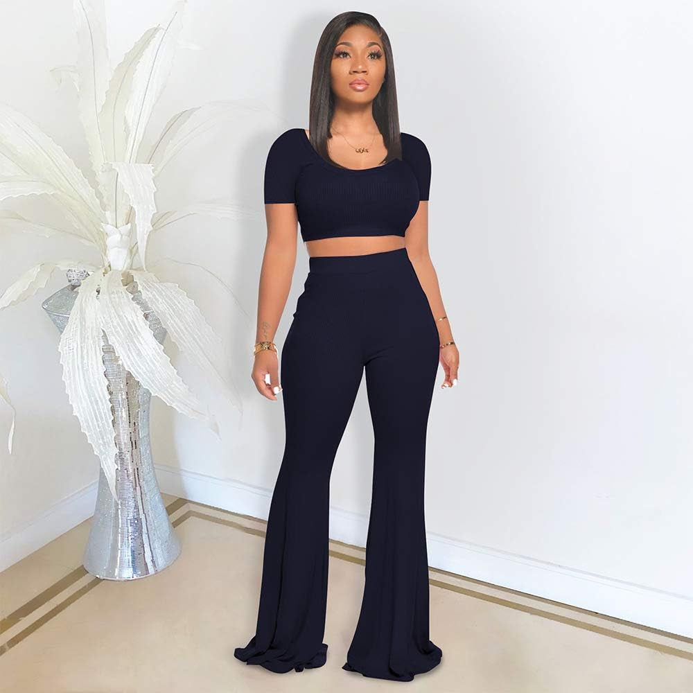Women's 2-Piece Workout Sets - Sexy Crop Top + High Waisted Flared Long Pants