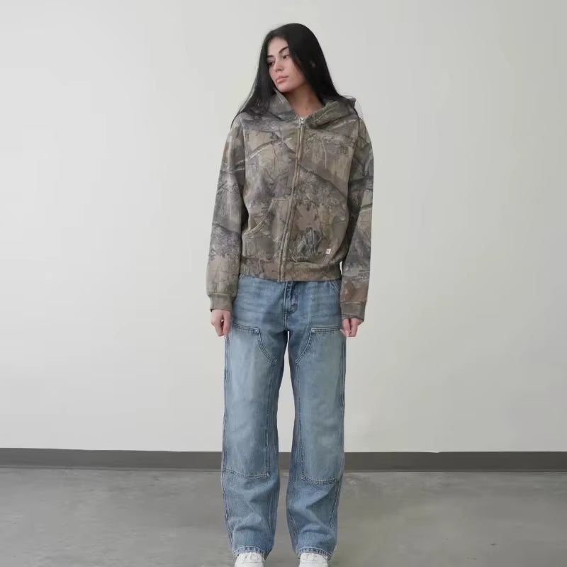 Y2K Retro Camouflage Zip-Up Hoodie for Men - Oversized Unisex Camo Sweatshirt