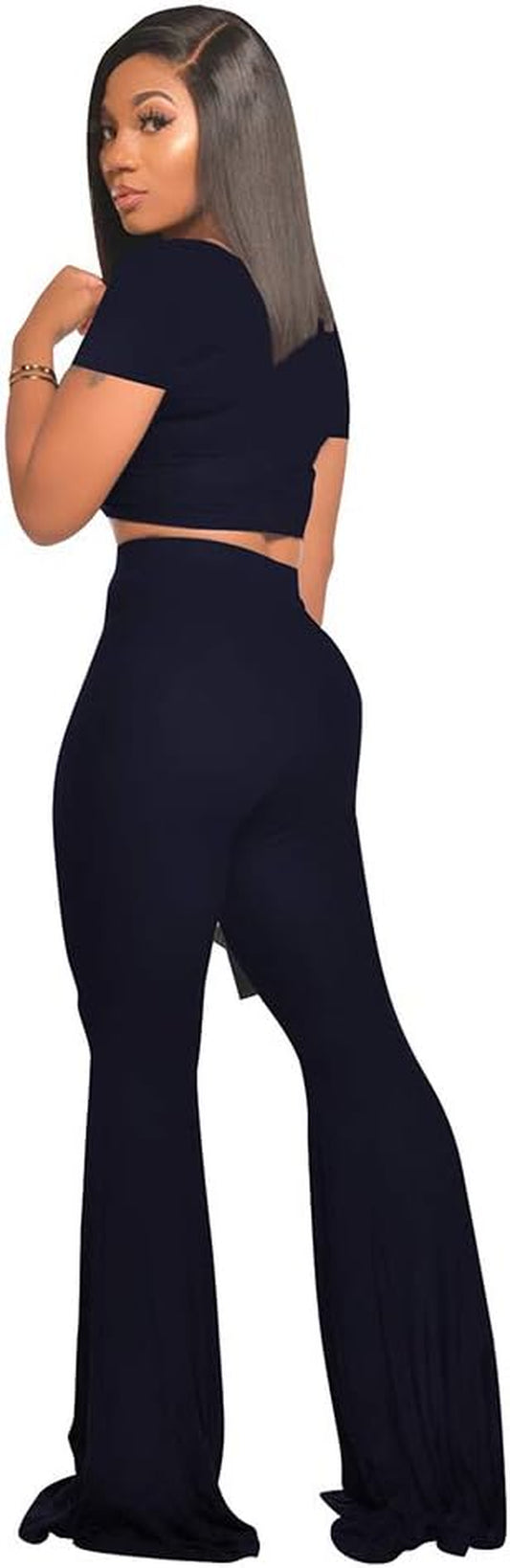 Women's 2-Piece Workout Sets - Sexy Crop Top + High Waisted Flared Long Pants