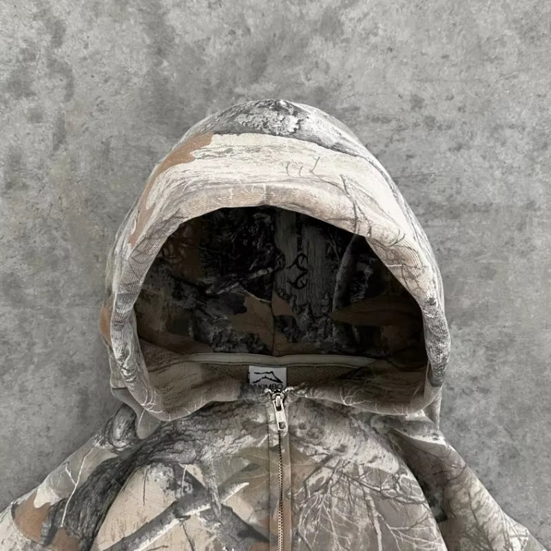 Y2K Retro Camouflage Zip-Up Hoodie for Men - Oversized Unisex Camo Sweatshirt