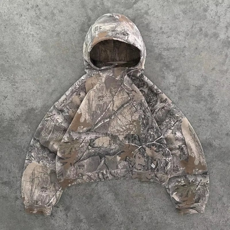 Y2K Retro Camouflage Zip-Up Hoodie for Men - Oversized Unisex Camo Sweatshirt