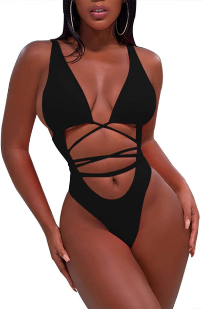 Noir Cutout Monokini – High-Waist Criss-Cross Swimsuit