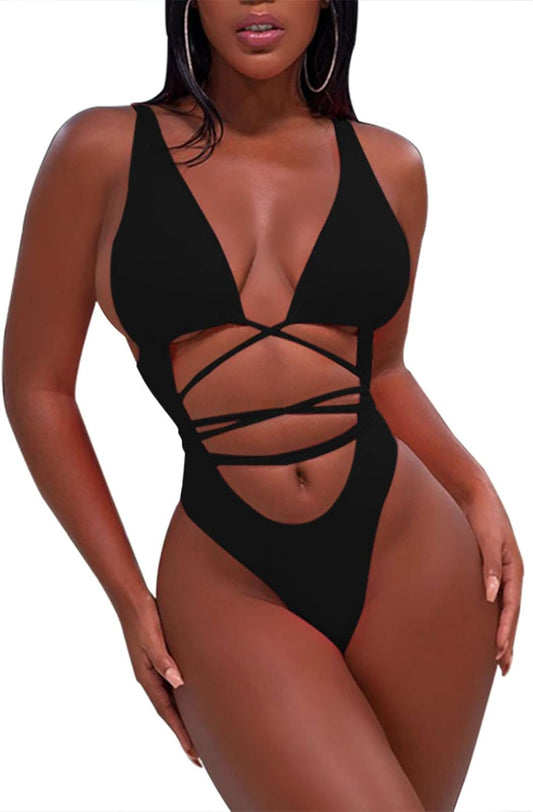 Noir Cutout Monokini – High-Waist Criss-Cross Swimsuit