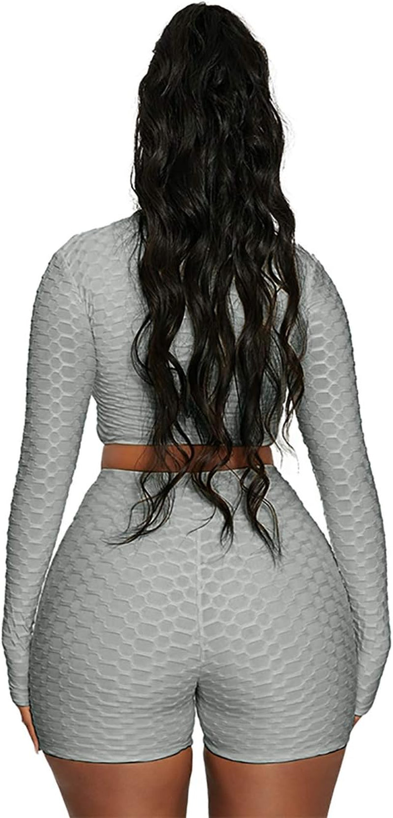 Women's 2-Piece Workout Set - Long Sleeve Crop Top + High Waist Bodycon Yoga Shorts