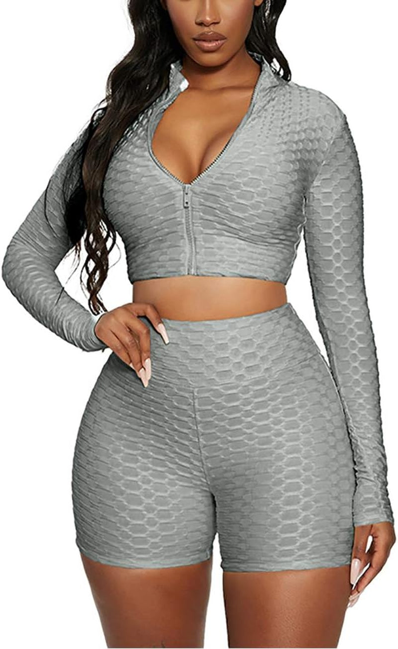 Women's 2-Piece Workout Set - Long Sleeve Crop Top + High Waist Bodycon Yoga Shorts