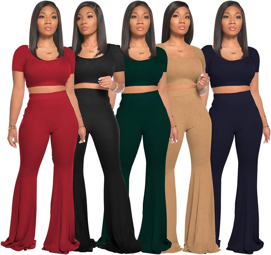 Women's 2-Piece Workout Sets - Sexy Crop Top + High Waisted Flared Long Pants