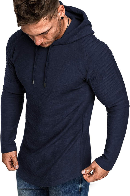 Men's Muscle Fit Gym Hoodie - Lightweight Athletic Pleated Raglan Sleeve Sweatshirt for Workouts